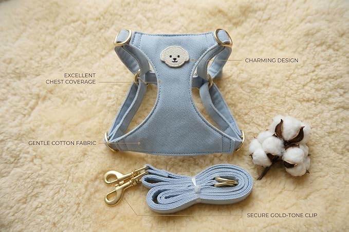 AetruffyPet 100% Cotton Dog Harness and Leash Set – Soft Breathable Vest for Small Dogs, Adjustable No-Choke Design, Lightweight Walking Set (XS/S/M) (Blue, M)