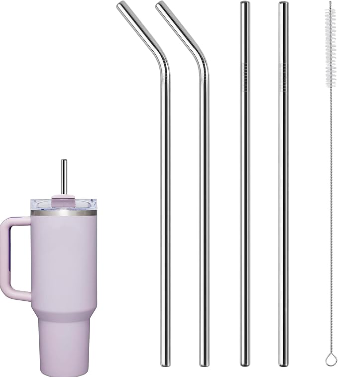 Premium Stainless Steel Straws for Stanley Cup, 12.2 Inch Long, 8mm Wide, 5 Pack Metal Replacement Straws with Cleaning Brush, Smooth Finish for Cold Drinks