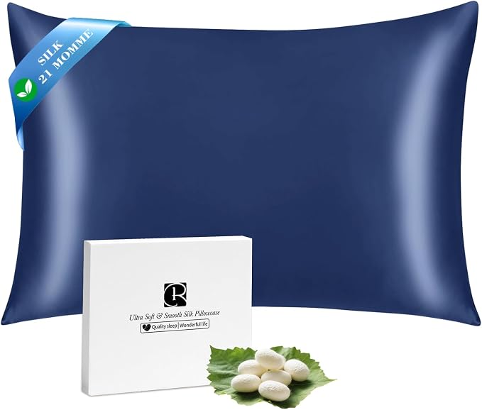 Ravmix Silk Pillow Cases with Zipper, 21momme Mulberry Silk Pillowcase for Hair Skin Health, Soft Smooth Breathable Cool Pillow Cover for Beauty Sleep with Gift Box 1PC(Standard 20"x26", Navy Blue)
