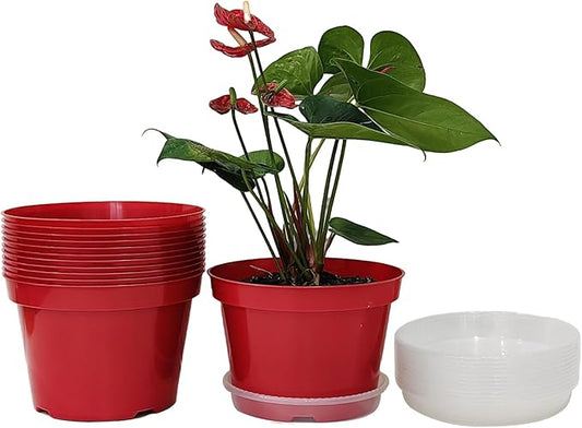RooTrimmer 8 inch Plastic Flower Pots, Red Plant Pots 12Pack with Saucers for Indoor House Plants Growing and Decoration
