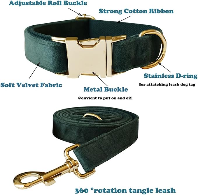 Love Dream Velvet Dog Collar and Leash Set, Soft & Comfy Adjustable Dog Leash and Collar with Heavy Duty Metal Buckle for Small Medium Large Dogs Training & Walking (Medium, Green)