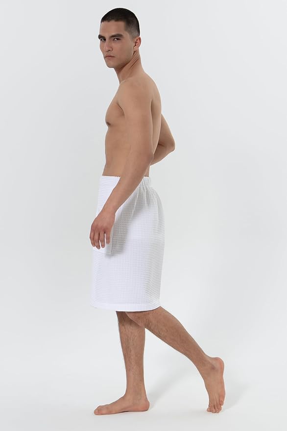 SEYANTE Men's Organic Waffle Spa Wrap – GOTS Certified 100% Turkish Cotton, Adjustable Closure, Same-Color Piping