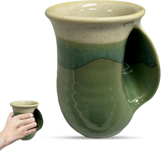 Clay in Motion Hand Warmer Coffee Mug – Handmade Coffee Mug With Comfortable Handle Contoured Pocket Hand Warming Ceramic Coffee Mug – Proudly Made in USA – Right Handed – 14 Oz - Grass Lands
