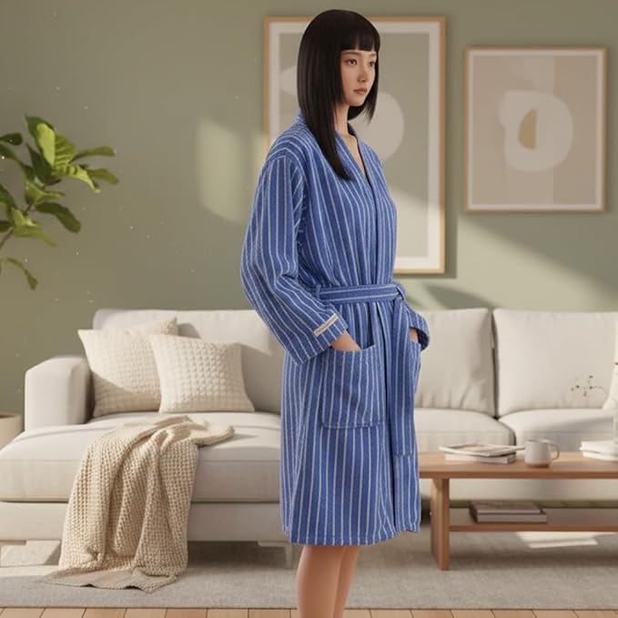 Cotton Terry Stripe Bathrobe For Women And Men,Luxury Kimono Soft Terry Cloth Robe,Comfortable Loungewear Nightwear