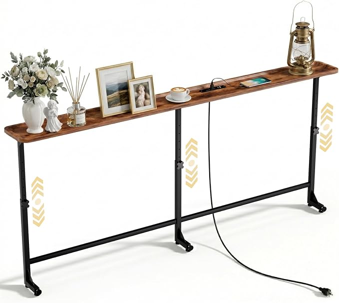 Faesun 70.9 Inch Vacuum Forming Behind Couch Table, 24"-32" Adjustable Height Range, Behind The Couch Table with Outlet, Adjustable Console Table, Narrow Long Sofa Table, for Living Room, Brown