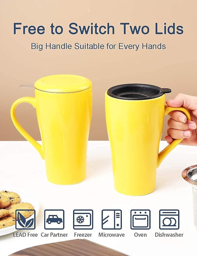 2 Pack Tea Mug with Infuser and Lid, 18oz Large Tea Cup, Matte Ceramic Coffee Mug for Dishwasher, Microwave and Oven Safe