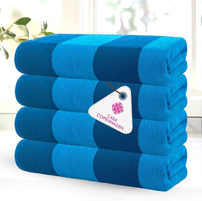 CASA COPENHAGEN Malibu Towel 4Pcs Navy Designer Stripe Beach Towels Gift Set, 30"x60" Oversized 100% Cotton Pool Bath Towel for Beach Gift Set (Perfect Summer Gift Set for Women & Men)