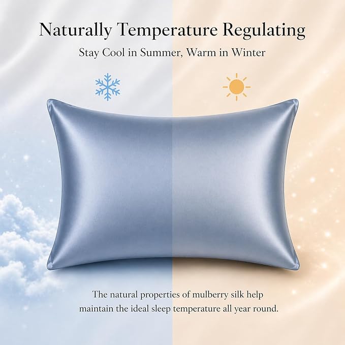 Anti Acne Pillow Cases Hypoallergenic, USA Made, King Size Silk Pillowcase for Hair and Skin, Premium 22 Momme Pure Mulberry Silk Pillow Cover, 1 Pc 20"x36" (King, Blue Grey)
