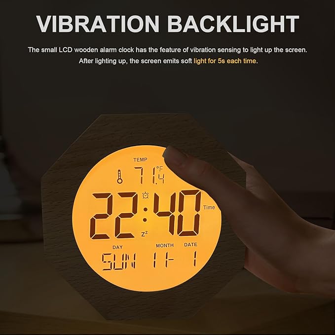 JoFomp Wooden Alarm Clock for Bedroom, 4'' LCD Nightlight Small Digital Clock Battery Operated, Loud Alarm Clock for Heavy Sleepers, Alarm Bedside Clock with Temp/Snooze/Date/Week/Countdown - 12/24H