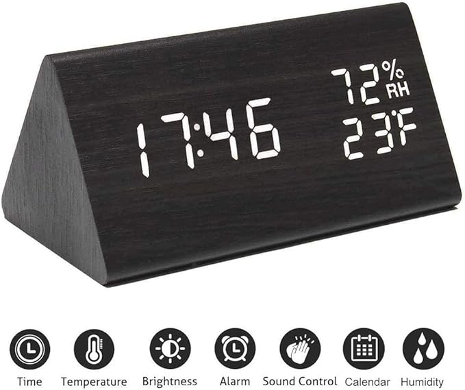 Digital Alarm Clock, Wooden Alarm Clock with Electronic LED Time Display, Humidity & Temperature Detect 3 Alarm Settings 3 Level Brightness Electric Clock for Bedroom Bedside Desk (Black wood)