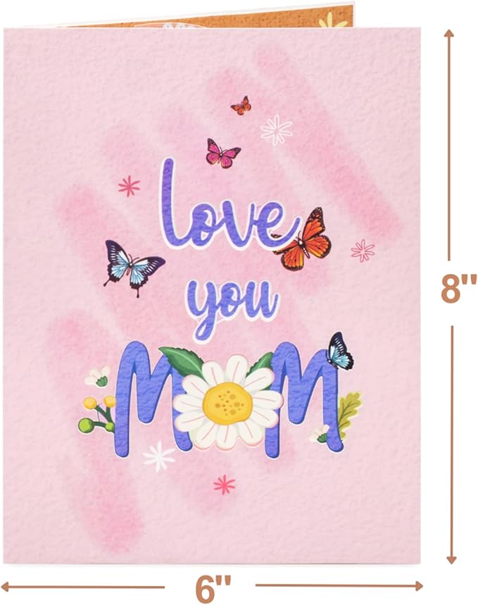 Paper Love Frndly 3D Pop Up Mother's Day Card, Love You Mom Butterfly, Handcrafted - 100% Recycled and Eco-Friendly, 8" x 6" Cover - with Note Tag