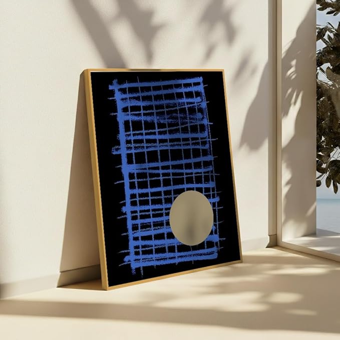 Monem Art Blue Grid Abstract Geometric Print - Modern Minimalist Art Poster - Wall Decor for Living Room, Bedroom or Office - 16x20 Gold Framed CANVAS Wall Art by Mareike Bohmer