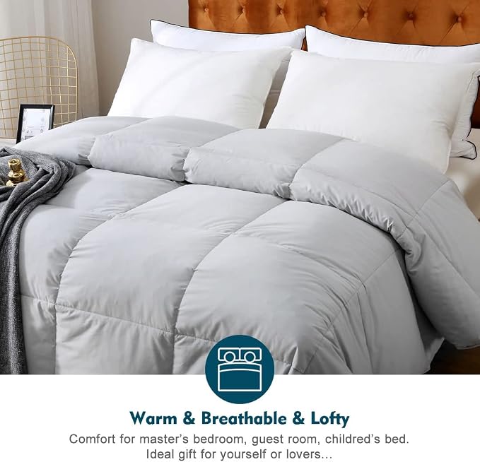 Gray Feathers Down Comforter Full/Queen - 100% Organic Cotton Cover, Medium Warm All Seasons Machine Washable Duvet Insert with Tabs (90x90, Mirage Grey)