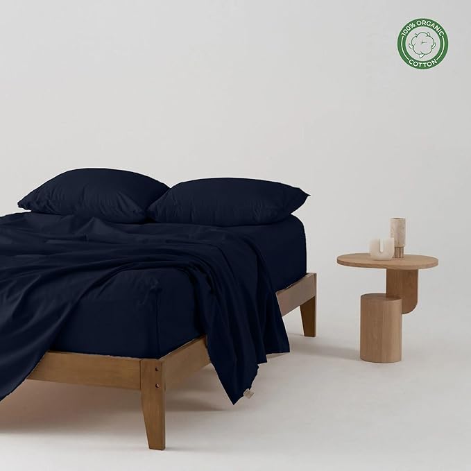 Pure 100% Certified Organic Cotton Bed Sheet Set 1000 Thread Count, 4 Piece Bedding Set, 24" Extra DEEP Pocket, Crisp and Cooling Sateen Weave, Eco-Friendly -(Navy Blue, Twin-XL)