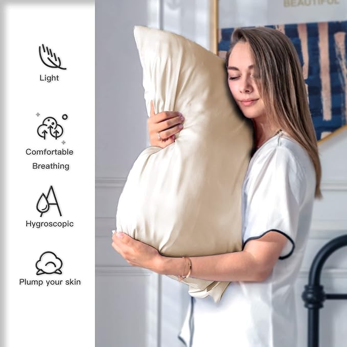 Natural Mulberry Silk Pillowcase for Hair and Skin Queen Size 20"X30" Pillow Case with Hidden Zipper Soft Breathable Smooth Cooling Silk Pillow Covers for Sleeping (Champagne,Queen,1Pcs)