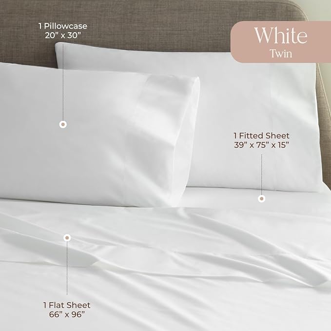 100% Organic Cotton Sheets Twin Size - GOTS Certified Cotton Percale Sheets with Crisp Cool & Breathable Percale Weave Perfect for Hot Sleepers - Durable Luxury 4 Piece Set (White, Twin)