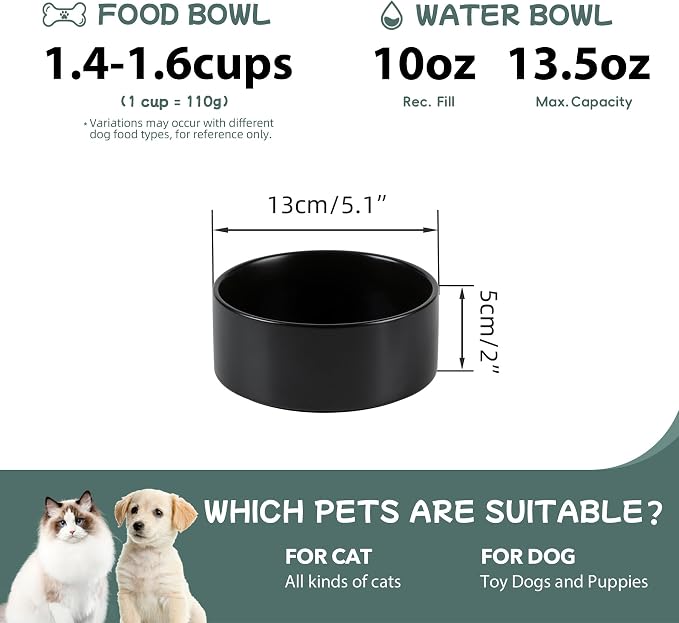 Havniva 5.1” Ceramic Dog Bowls, Small Dog Food and Water Bowl Set of 2, Durable Dog Water Bowl with Non-Slip Rubber Base Large Capacity Pet Feeding Bowl for Small Dogs