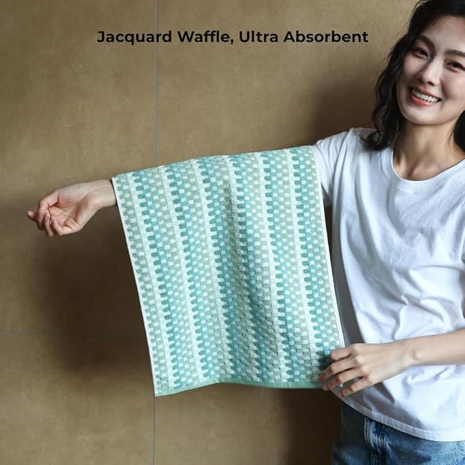Premium Luxury Waffle Weave Cotton Towel Set - 160g Hand Towel & 650g Oversized Bath Towel (30"x60") - Ultra Absorbent, Quick-Dry, Soft Textured Jacquard (Turquoise)