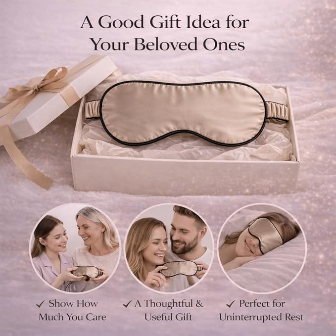 100% Mulberry Silk Sleep Mask for Women/Men Airplane Travel, Pure 22 Momme Silk Eye Mask Blackout for Sleeping, Ajustable, Luxury, Anti Wrinkle, Anti Aging Silk Blindfold, Made in USA (Taupe)