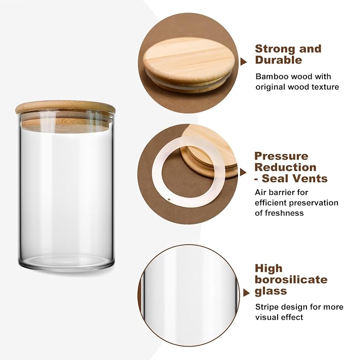 Glass Food Storage Containers with Lids - Round Jars with Bamboo Lids - Airtight Clear Coffee Storage Jar - Stackable Glass Kitchen Canisters for Tea,Sugar,Cereal,Flour,Sweet