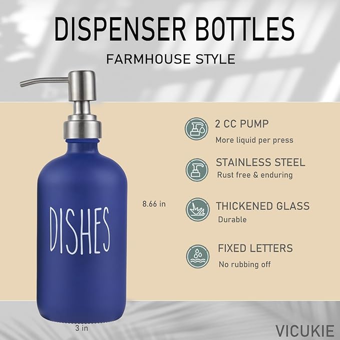 Navy Blue Soap Dispenser Set, Glass Soap Dispenser with Stainless Steel Pump, Farmhouse Hand Soap Dispenser & Dish Soap Dispenser for Bathroom Kitchen Sink(Blue d)