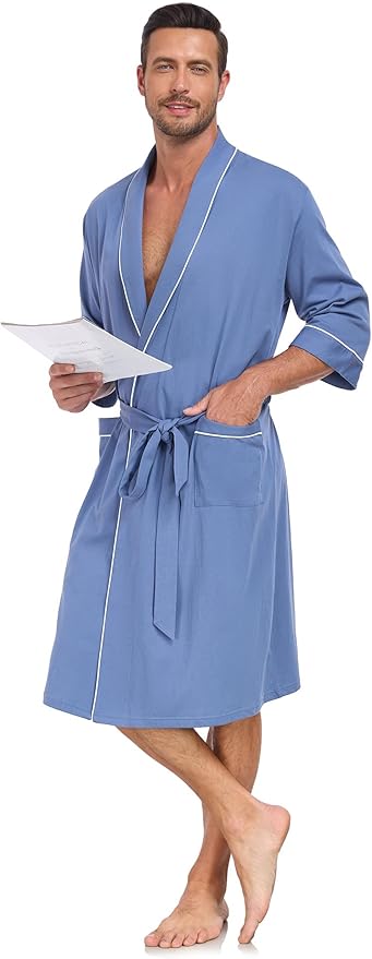 COLORFULLEAF 100% Cotton Men’s Summer Bathrobe Lightweight & Breathable Short Sleeve Kimono Robe with Pockets