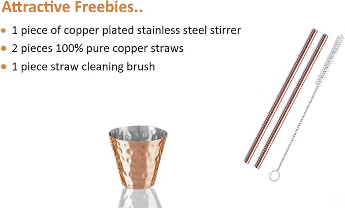 BOLD & DIVINE Copper Plated Moscow Mule Mugs Set of 2 | 18 Oz Hammered Cups with 304 Stainless Steel Lining and Gold Brass Handles | Bonus Copper Straws, Shot Glass & Cleaning Brush