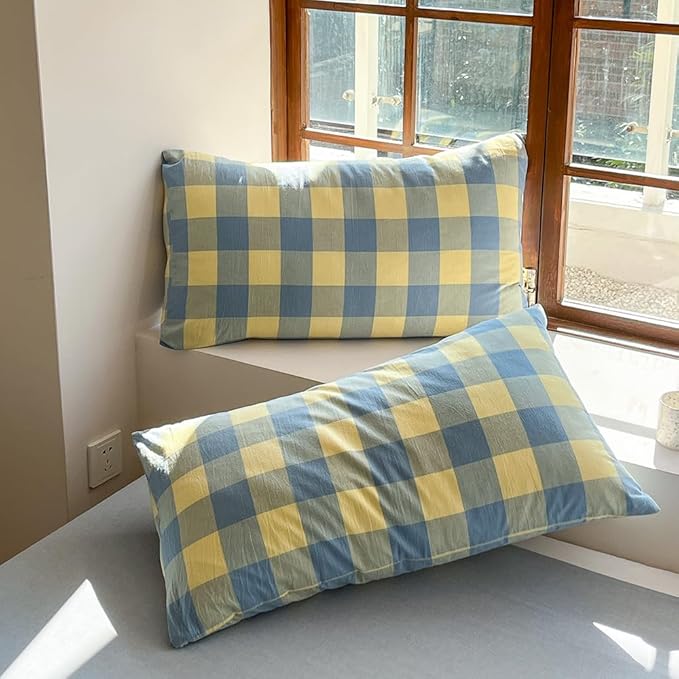 FACE TWO FACE Bedding Duvet Cover Set100% Washed Cotton Duvet Cover Linen Like Textured Breathable Durable Soft Comfy (Full, Blue Yellow Grid)