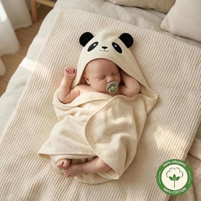 Hooded Baby Towel – 100% Organic Cotton Baby Bath Towels – Baby Boy and Girl Newborn Essentials - Super-Soft and Absorbent. (Panda)