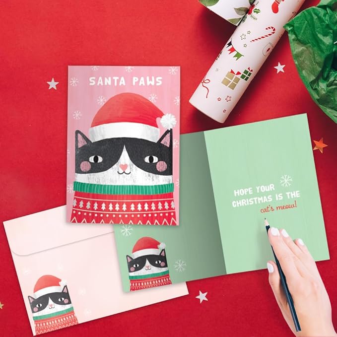 Tree-Free Greetings - Happy Holidays Greeting Cards - Artful Designs - 12 Cards + Matching Envelopes - Made in USA - 100% Recycled Paper - 5"x7" - Santa Paws (HP60510)