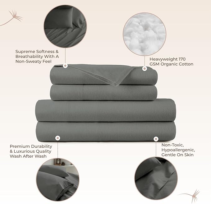 100% Organic Flannel Sheets Full Size - GOTS Certified 100% Cotton Flannel Sheets Set with Comfortable Soft Brushed Finish & Deep Pocket - 1 Flat 1 Fitted & 2 Pillowcases (Dark Gray, Full)