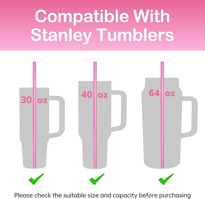 NiHome 12-Pack Plastic Reusable Drinking Straws Fit for Stanley 40 oz 30oz 64 oz Tumbler, 6 Color 12 In Reusable Straws Fit for Stanley Cups, 2 Brushes, BPA-Free for Cold & Hot Drinks (Gradient Pink)