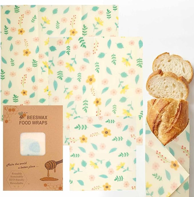 Beeswax Wraps for Food, Flowers 3 Pack (S, M, L) Reusable Food Wraps, Bread Sandwich Wrap, Zero Waste, Organic, Plastic-Free Food Storage Wrap