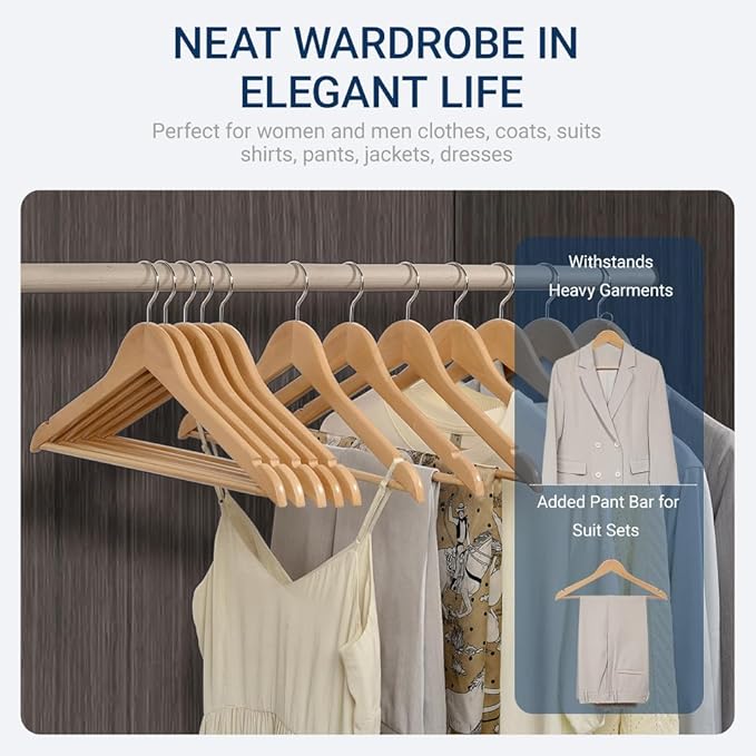 Amber Home 20 Pack Wooden Coat Hangers, Natural Wood Suit Hangers with Non-Slip Pant Bar, Clothes Hangers for Closet Organization, Shirts, Jackets, Dresses, and Pants (Natural, 20)