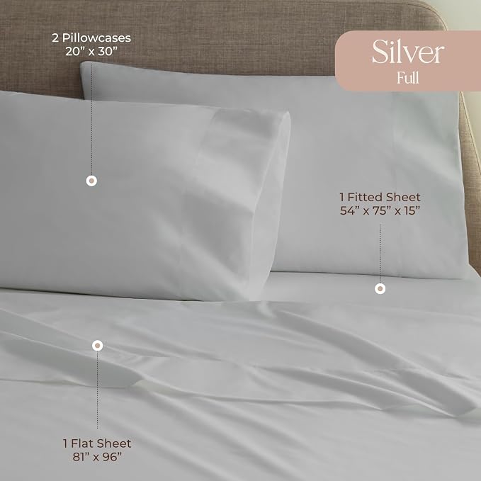 100% Organic Cotton Sheets Full Size - GOTS Certified Cotton Percale Sheets with Crisp Cool & Breathable Percale Weave Perfect for Hot Sleepers - Durable Luxury 4 Piece Set (Silver, Full)