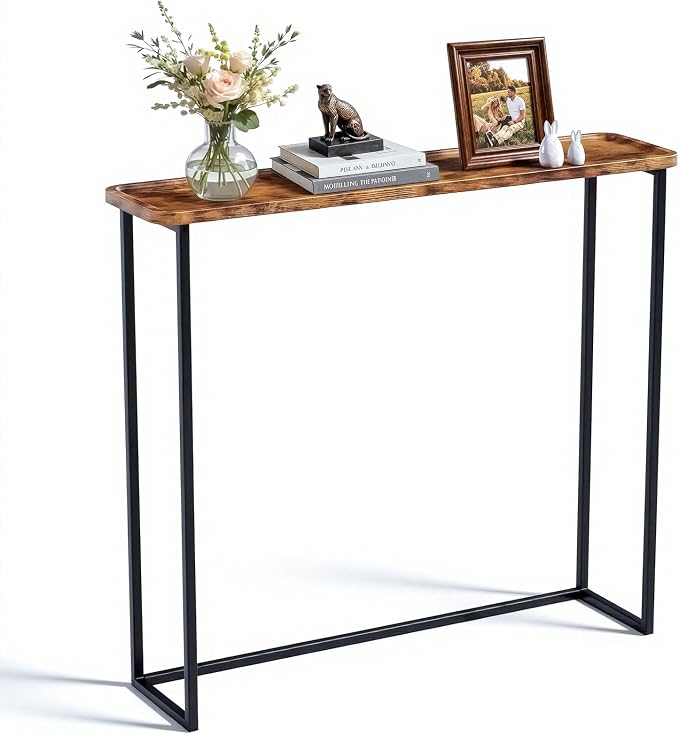 Faesun 33.5 Inch Behind Couch Table, Vacuum Forming Narrow Console Table, Thin Sofa Side Display Table, for Living Room, Bedroom, Rustic Brown