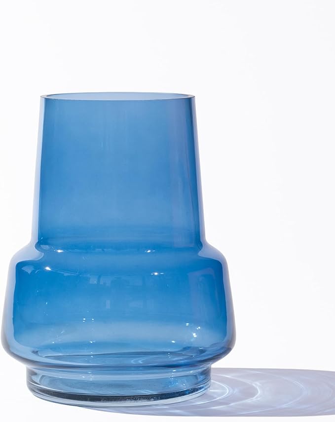 Relexome Blue Glass Flower Vase for Centerpieces Bouquet Flowers Modern Wide Mouth Glass Vase Decorative Bud Vases for Home Decor, Living Room, Kitchen, Dining Table, Entryway 7.3 Inch
