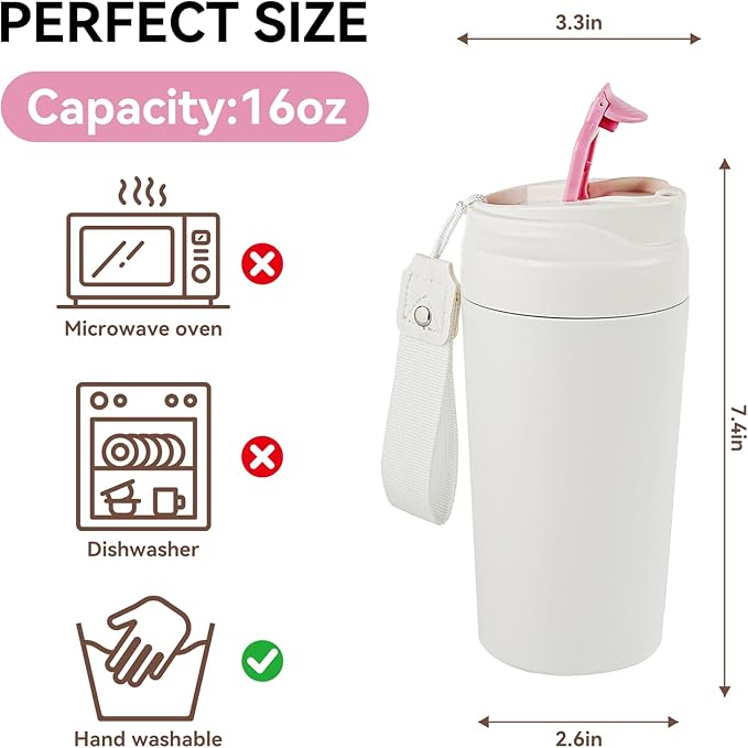 16oz Ceramic Travel Mug with Lid- 100% Real Ceramic Liner (No Coating), Heat-Resistant Outer Wall, Leak-Proof Lid with Detachable Strap, Fits Car Cup Holder