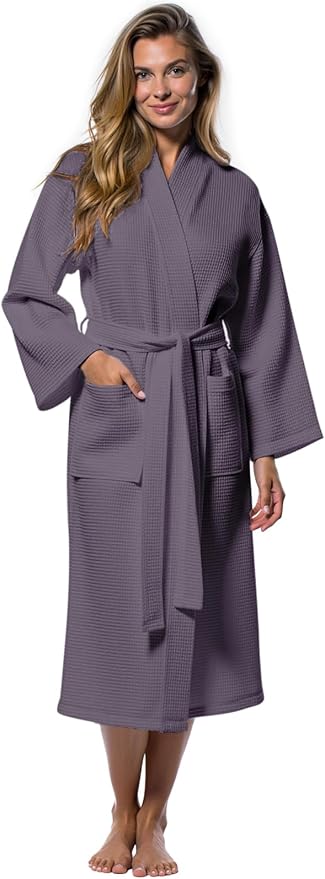 Turquaz Lightweight Waffle Knit Kimono Bathrobe - Soft Cotton Blend Spa Robe, Fast-Drying Full-Length Unisex Robes for Women
