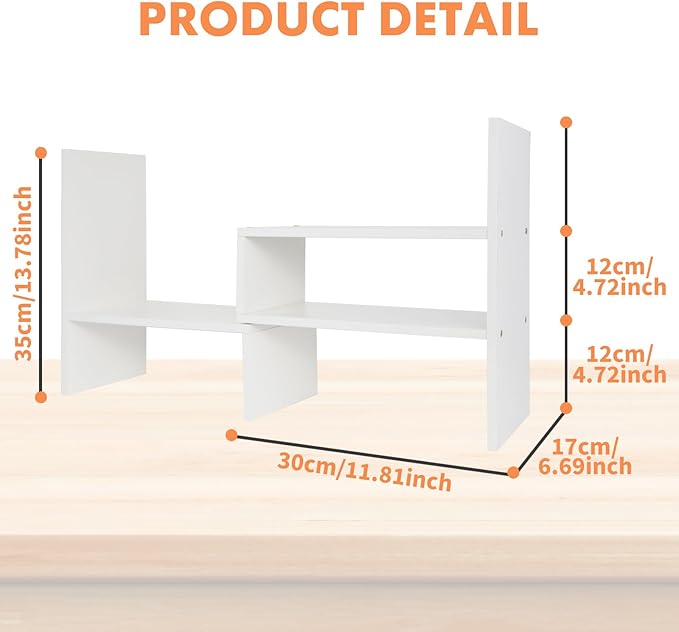 PowerKing Wood Desktop Organizer, Adjustable Display Shelf Rack for Home Office Desktop Storage Supplies Organization (White)