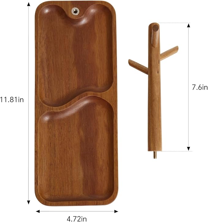 Solid Acacia Wood Key Tray and Bowl for Entryway Table - Jewelry Tray With 3 Hooks, Open Storage for Wallet, Glasses, Watches, Lipstick (Acacia, Rectangle)