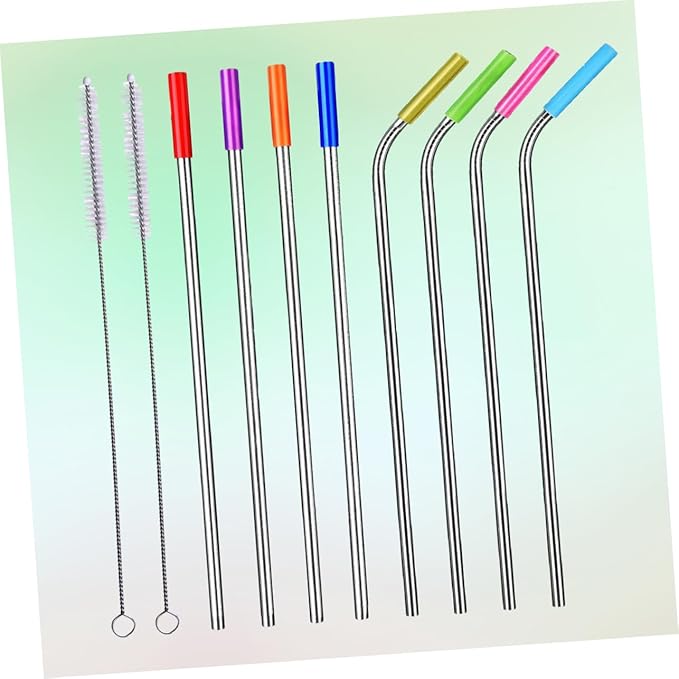Unomor 8-Piece Reusable Stainless Steel Drinking Straws Set 304 Food-Grade Steel with Silicone Tips for Smoothies Bubble Tea Includes Straight and Curved Straws with Cleaning Brush