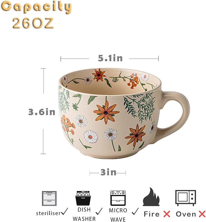 Ceramic Mugs for Men & Women, Unique Microwave & Dishwasher Safe Tea/Coffee Rustic Stoneware Cups for Office & Home (Graceful Bloom Breakfast Mug)