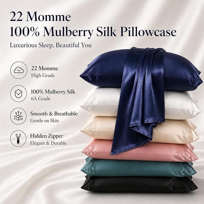 Oeko-TEX Certified Navy Silk Pillow Cases Queen Made in USA, 22 Momme, 100% Natural Mulberry Silk Pillowcase for Women Hair and Skin, Organic (Navy Blue, Queen)