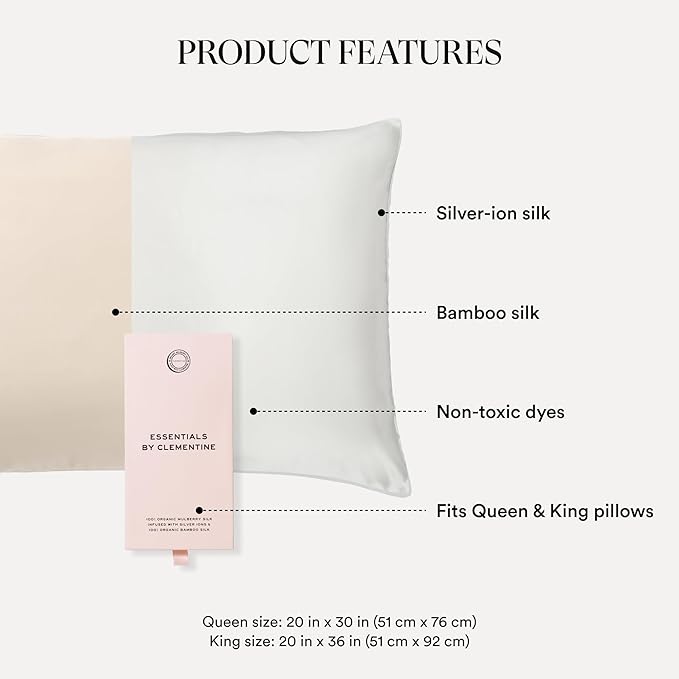 Clementine Sleepwear Essentials Organic Queen Size Pillowcase Champagne Sunset | Two-Tone Bamboo and Silver Ion Silk for Acne-Prone Skin, Anti-Aging, and Hydrated Hair and Skin