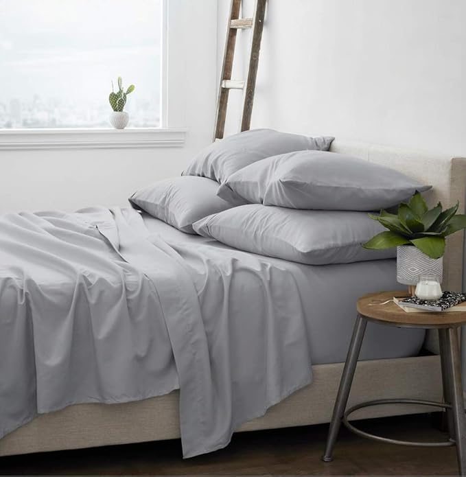 Femini Fashion 100% Organic Cotton Bed Sheets 800-Thread-Count, 16-Inch Deep-Pocket, Luxury Breathable Crisp 4-Piece Bed Sheet Set (1 Flat Sheet, 1 Fitted Sheet, 2 Pillowcases) - Queen, Light Grey