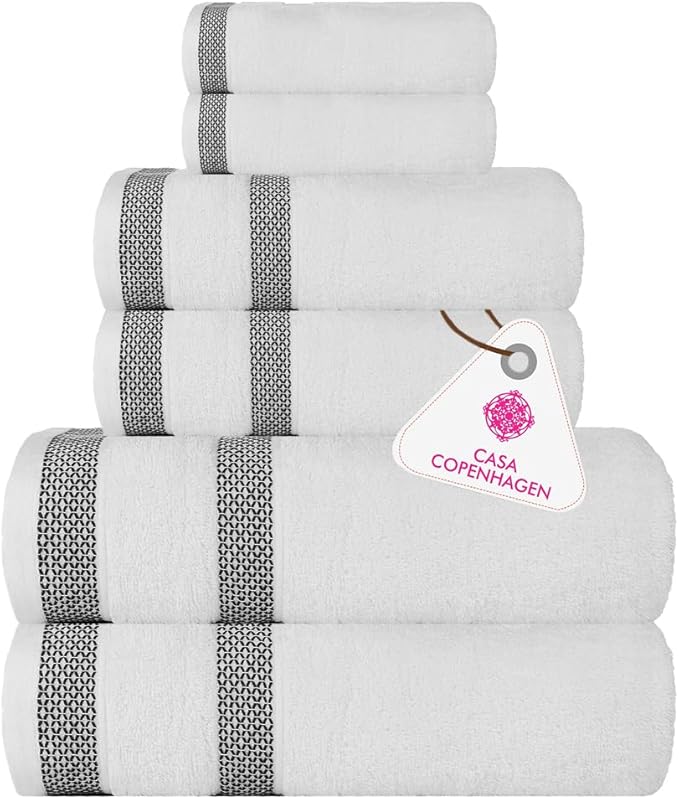 CASA COPENHAGEN Solitaire 6Pcs 100% Egyptian Cotton Large Designer Towels Gift Set- Pure White, 600GSM, 2Bath 2Hand 2Washcloths, Bath Towels for Bathroom Set for Women & Men