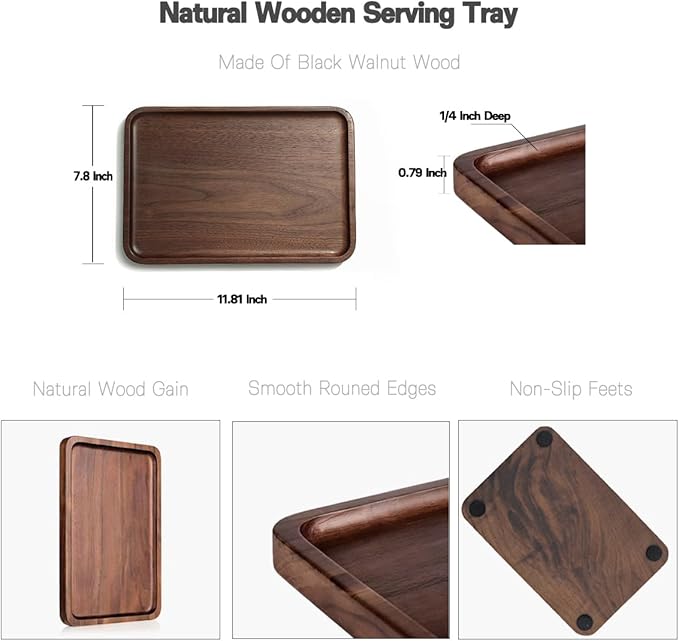 Solid Walnut Small Serving Tray - 11.81" x 7.8" x 0.79" One Piece Walnut Tray 1/4‘’ deep for Coffee Table, Breakfast,Bathroom Vanity, Perfume Display,Home Decor, Natural Finish, No Glue Joints