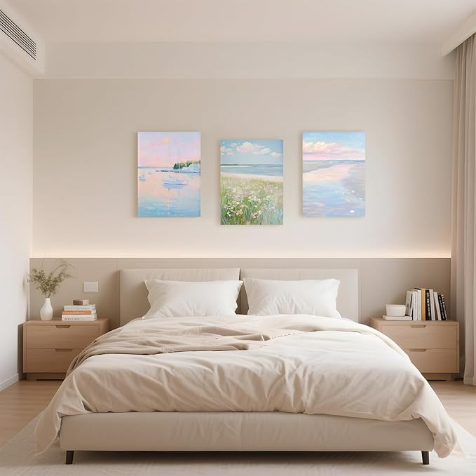 HUYKON Coastal Pink Wall Art Set of 3 Maximalist Ocean & Beach Landscape Canvas Poster Trendy Sailboats Flowers Sunset Painting Pastel Picture Prints for Bedroom Home Decor 8x12inch Wrapped Frame