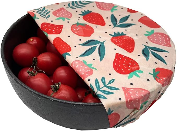 Beeswax Reusable Food Wraps - (6 Packs, 3 Sizes S,M,L, with 2 Meter Hemp Rope, Two Buttons) Plastic and Silicone Free, Eco-friendly Wrap, Wax Paper for Food,Strawberry